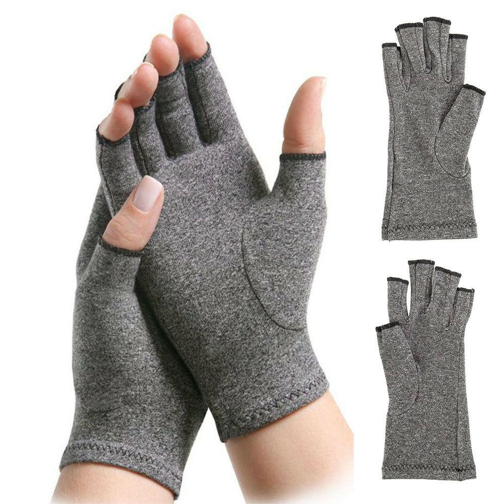 Gray arthritis compression gloves with open fingertips, crafted from breathable cotton and spandex for joint pain relief.