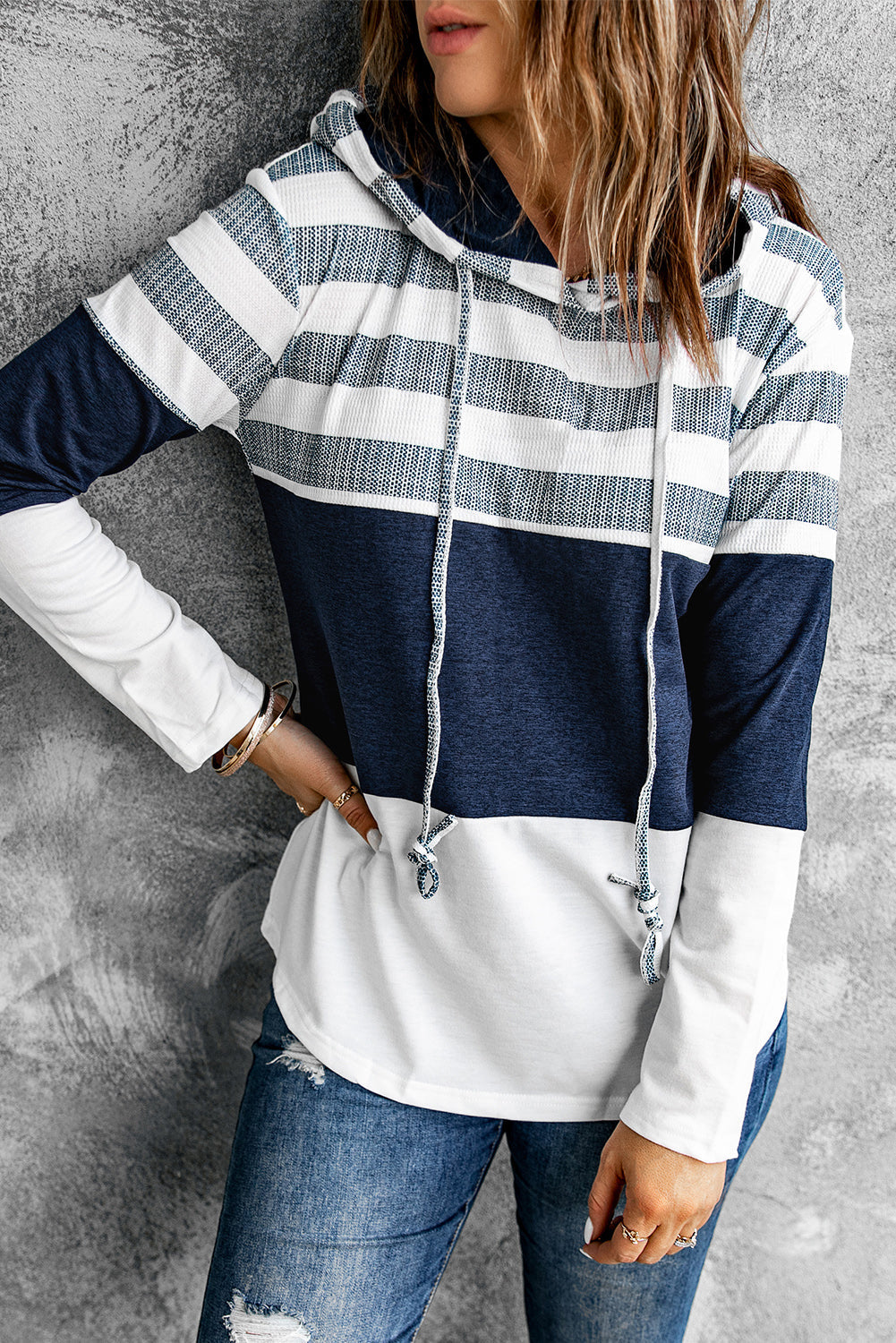 White Color Block Classic Pullover Drawstring Hoodie For Women Teal Demeter