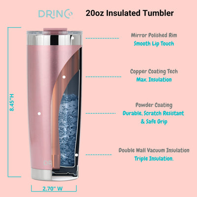 Sleek rose gold DRINCO® 20oz insulated tumbler with a spill-proof lid and two straws, showcasing durable stainless steel design.