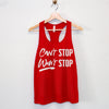 Vibrant "Can't Stop Won't Stop" women's racerback tank top in bold colors like black and red, perfect for workouts.