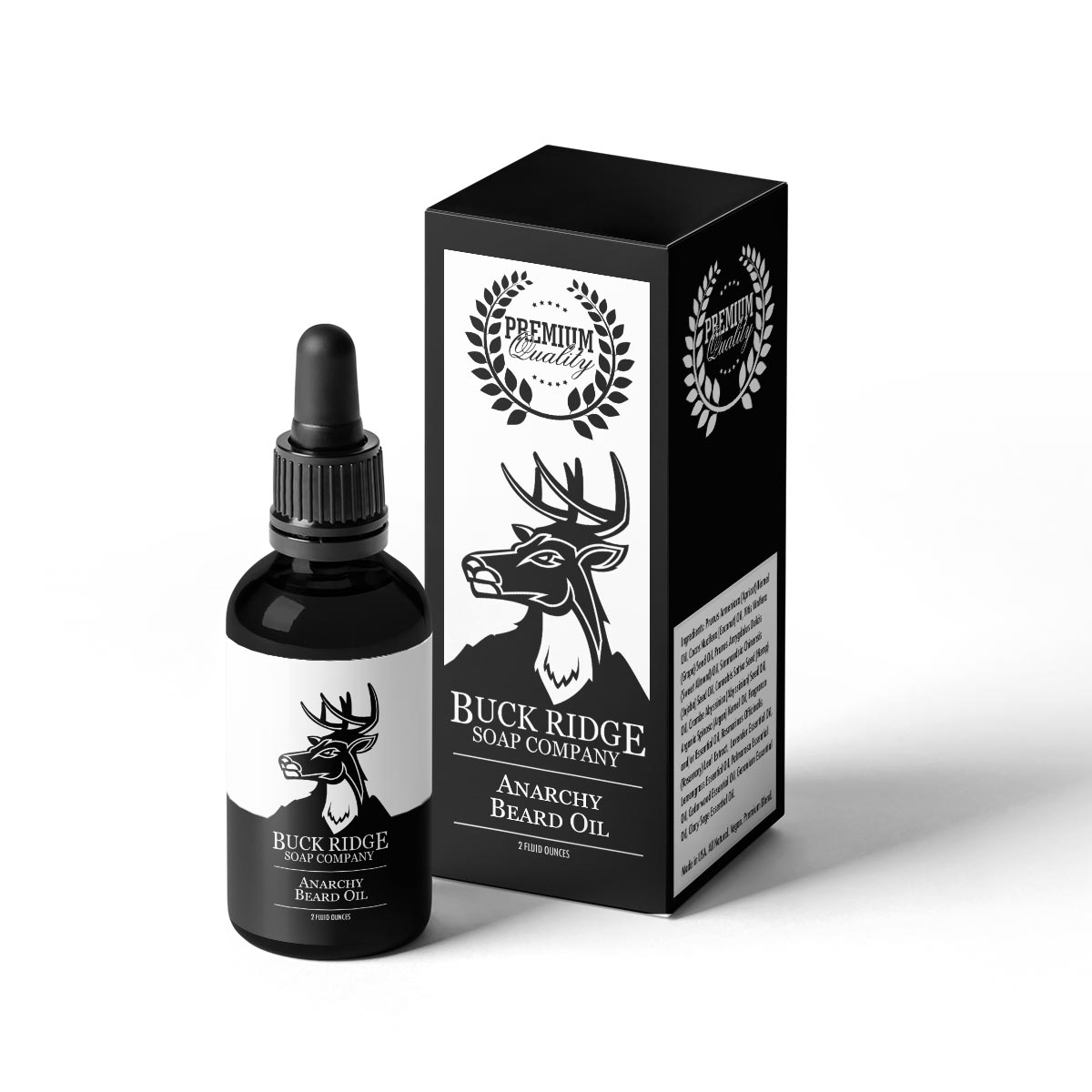 Buck Ridge Anarchy Premium Beard Oil in a sleek black glass bottle, showcasing a spicy-sweet blend for a bold, masculine look.