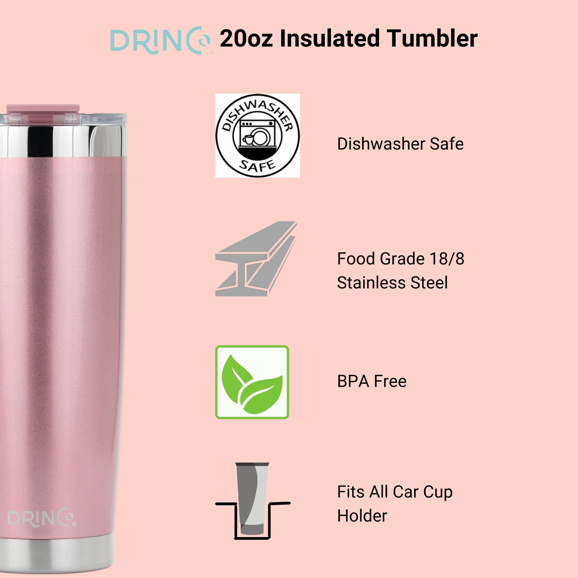 Sleek DRINCO® 20oz Rose Gold Insulated Tumbler with a spill-proof lid and two straws, showcasing a shiny, durable finish.