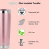 Sleek DRINCO® 20oz Rose Gold Insulated Tumbler with a spill-proof lid and two straws, showcasing a shiny, durable finish.