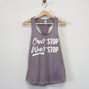 Stylish "Can't Stop Won't Stop" women's racerback tank top in bold colors like black and red, perfect for workouts.