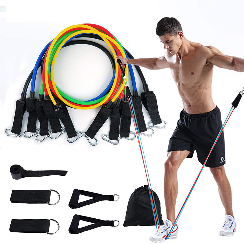 Colorful 11-piece fitness resistance band set with 5 bands, handles, ankle straps, door anchor, and a black carry bag.