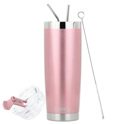 Sleek rose gold DRINCO® 20oz insulated tumbler with a spill-proof lid and two straws, showcasing durable stainless steel design.