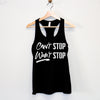 Stylish women's racerback tank top with 'Can't Stop Won't Stop' text, available in bold colors like black and red.