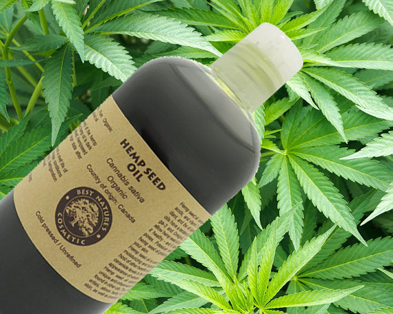 Pure, organic hemp seed oil in a dark brown-green hue, cold-pressed for natural skincare benefits and nourishment.