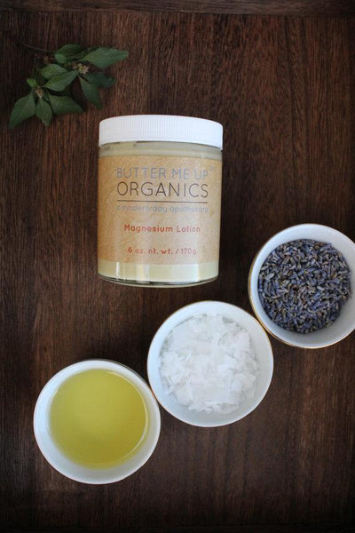 Silky organic magnesium lotion in a sleek glass jar with a metal lid, infused with lavender and nourishing oils for skin hydration.