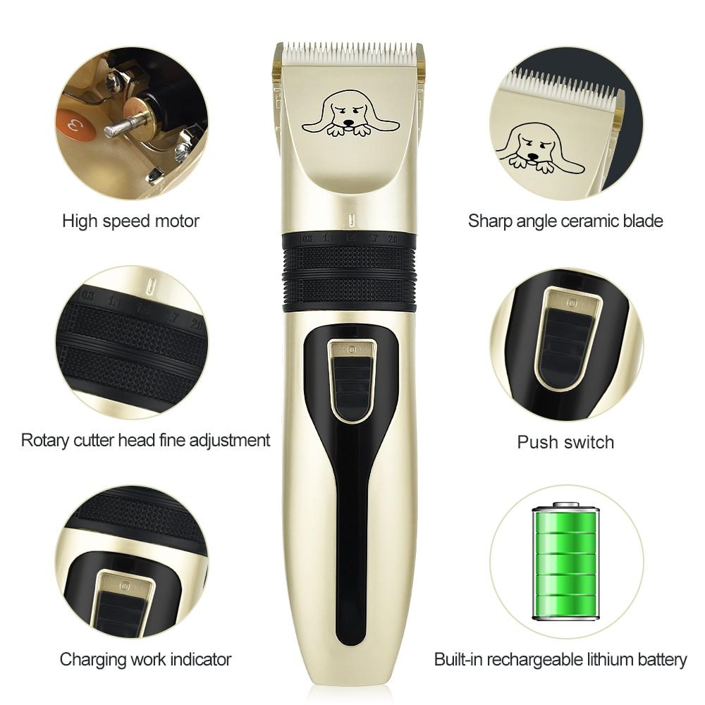 Sleek black and gold pet hair clipper set with detachable blades and four comb guides for precise grooming.